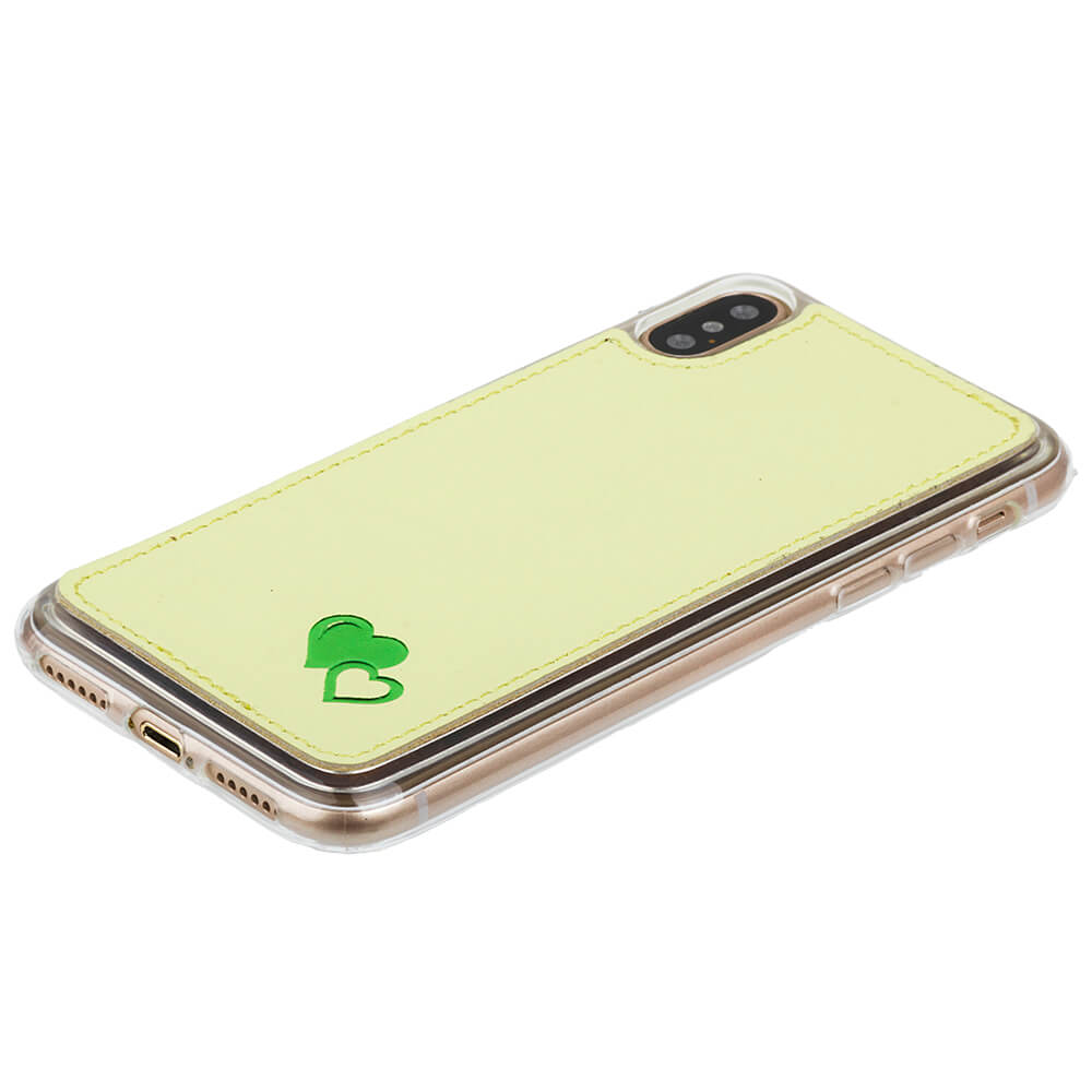 Genuine leather Back case - Pastel Lemon - Green Hearts - Transparent TPU