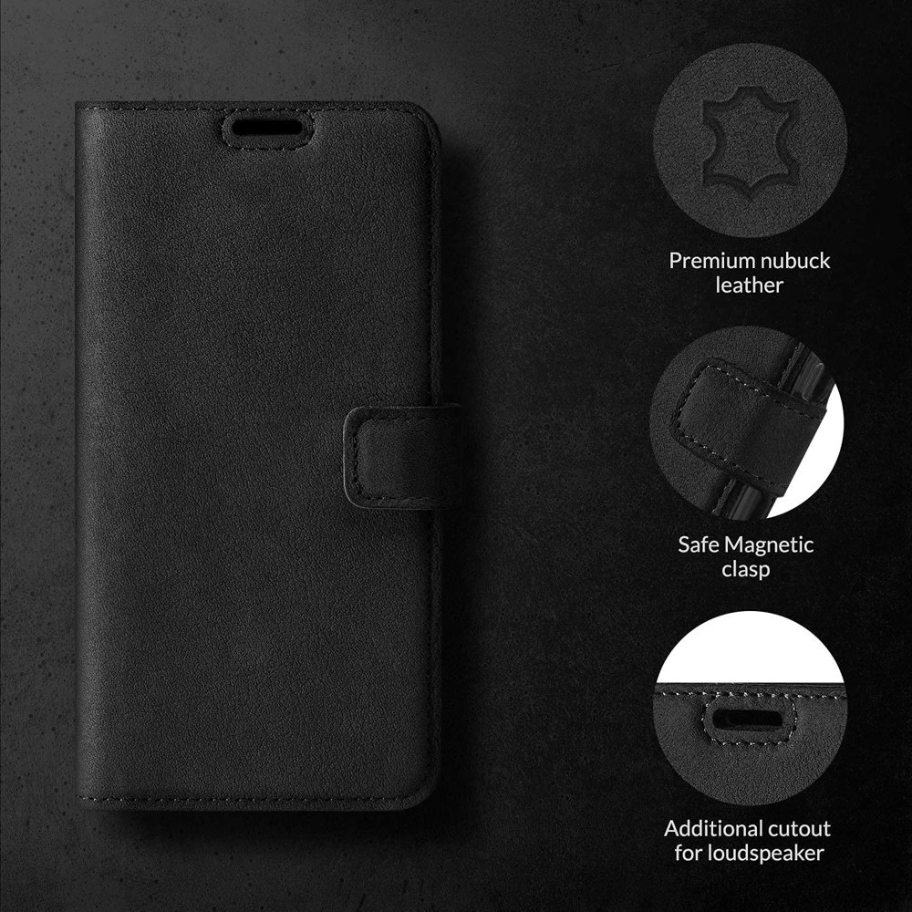 Genuine leather Book Case MagSafe - Nubuck Black - Transparent TPU