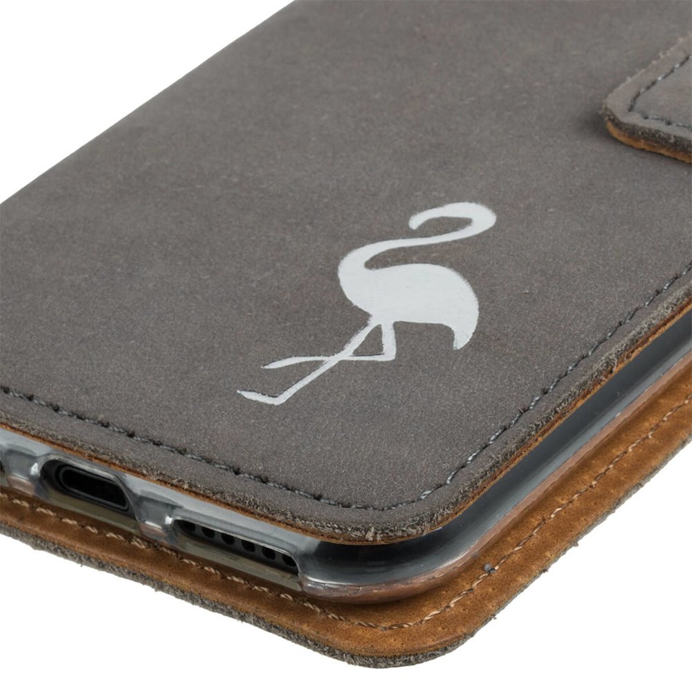 Wallet case - Nubuck Gray - Silver Flamingo - Transparent TPU